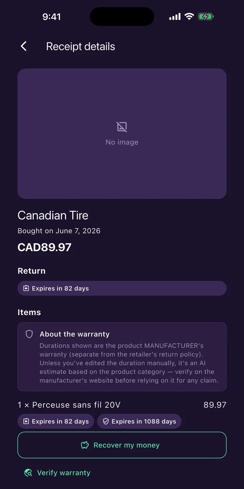 Receipt detail in Guardia: return and warranty deadlines per item, Recover my money button