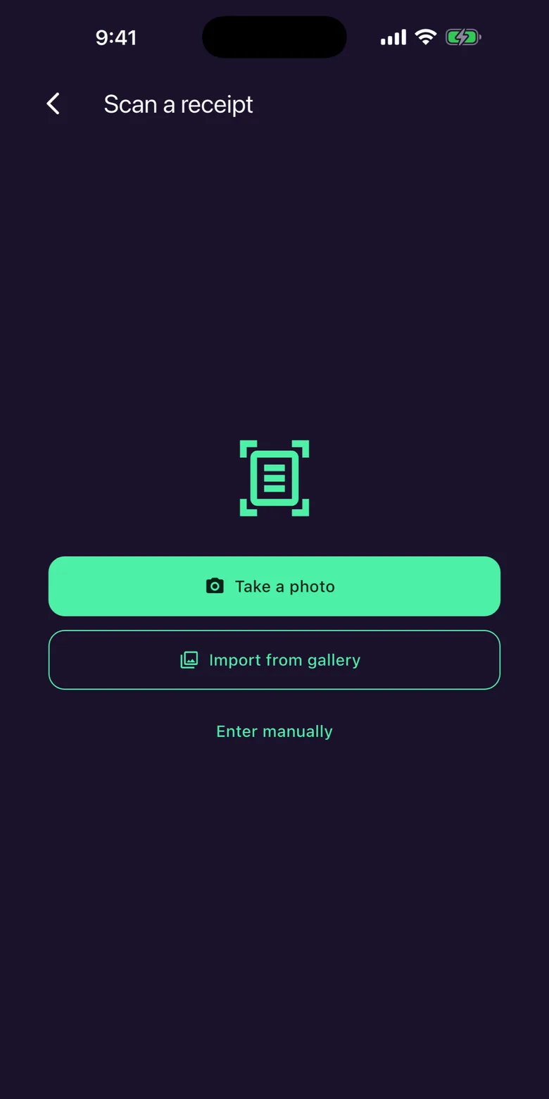 Guardia scan screen: take a photo of the receipt, import from your gallery or enter manually